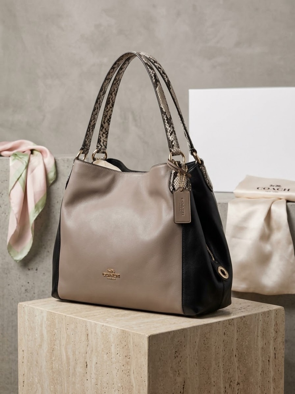 Coach Two-Tone Leather Shoulder Bag with Snakeskin-Print Handles - Taupe & Black